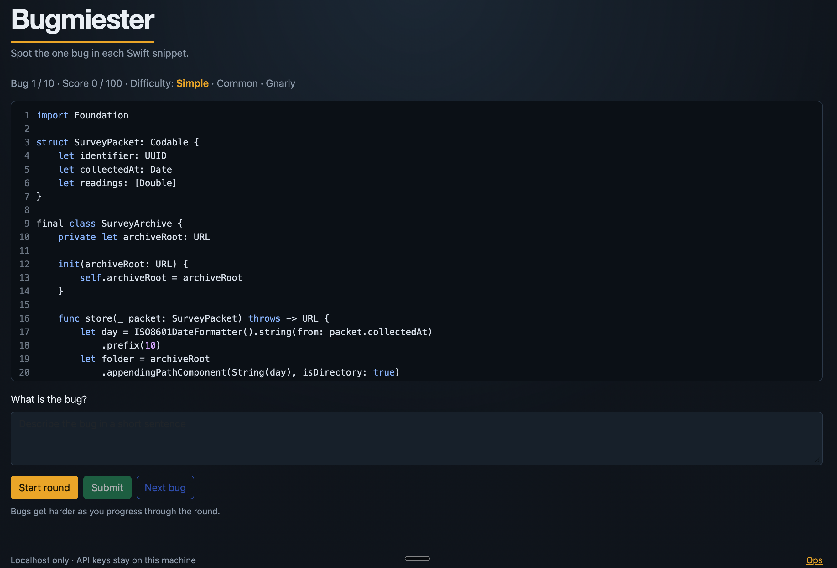 Bugmiester start of round: Bug 1 of 10, Simple difficulty, empty free-text field, localhost-only footer