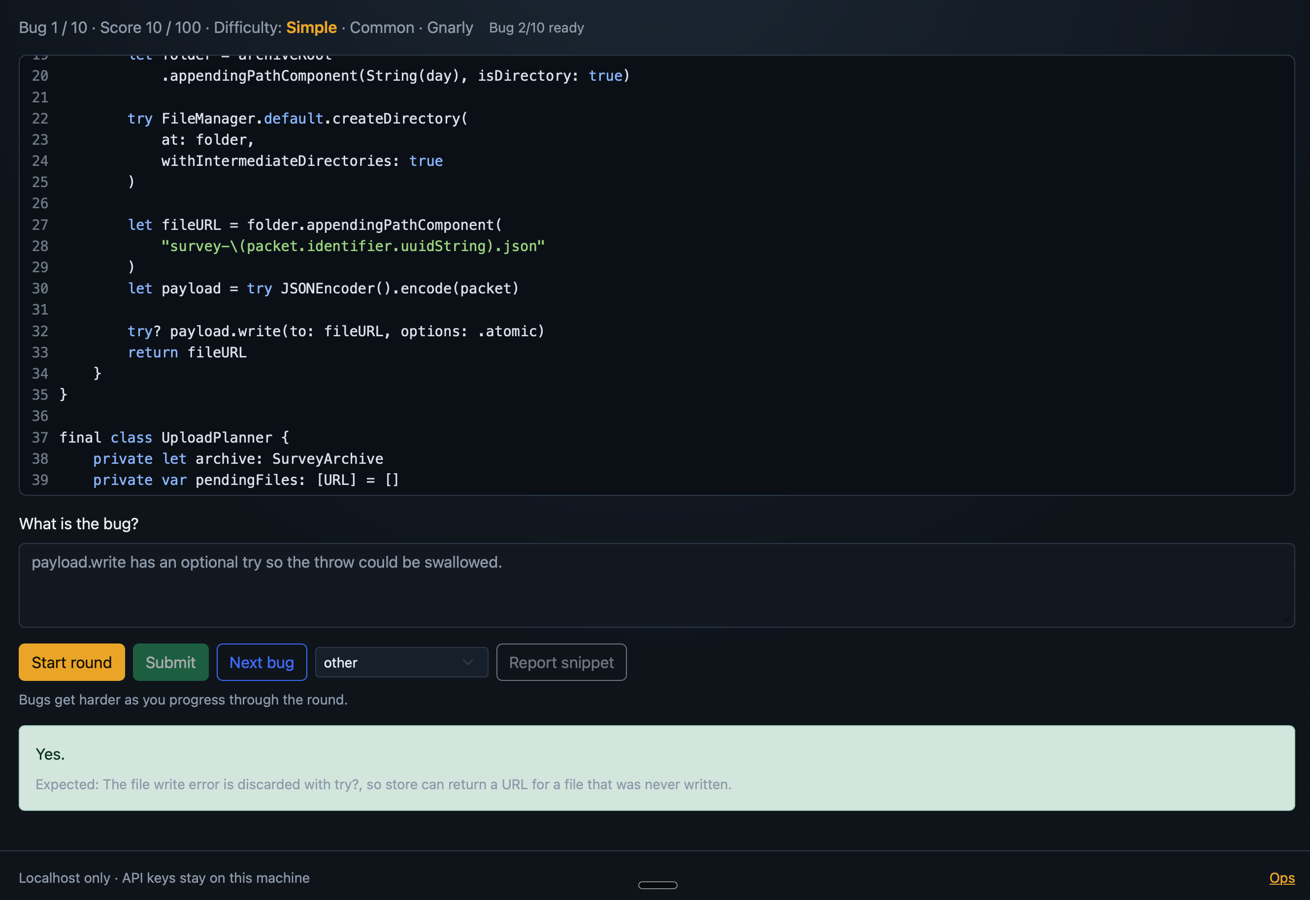 Bugmiester solution and eval: free-text answer about try? on payload.write, Yes result, score 10 of 100